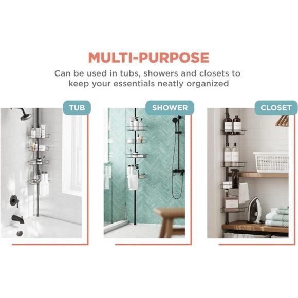 Home Tension Pole Shower Caddy, Adjustable Corner Shower Storage System - Picture 4 of 7